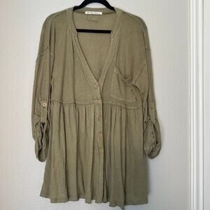 Free People Olive Green Linen/Cotton Oversized Boho Tunic Shirt Dress, Small